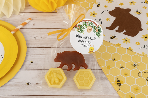 brown bear with bee soap party favor with personalized tags